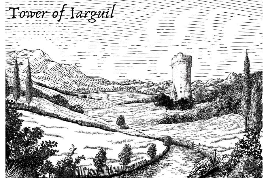 Woodcut style image of a road through rolling hills with a tower in the distance, text reads "Tower of Iarguil"